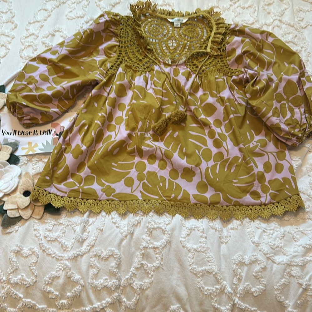 Sundance Chartreuse and Pink Blouse with Romantic Billowy Sleeves. Size S - Picture 2 of 7